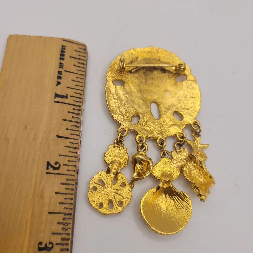 Whimsical Sand Dollar & Dangle Charms Enamel Gold Brooch